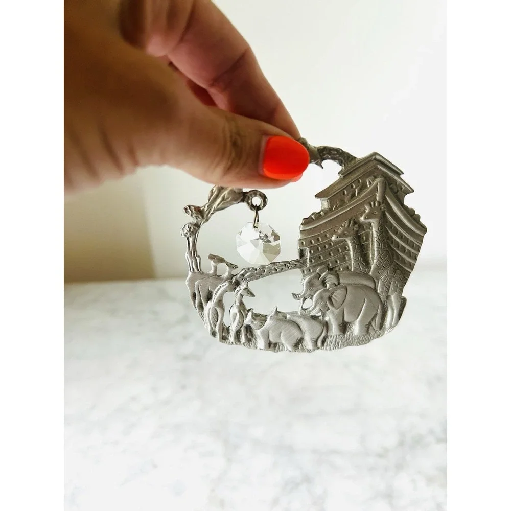 Vintage Pewter Noah's Ark Suncatcher Ornament 3D Animals Giraffes Elephants